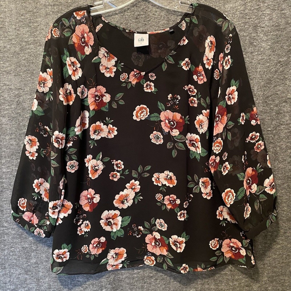 CAbi Garden Blouse Womens Small Black Pink Floral Semi Sheer Boho Flowy Top 3595
